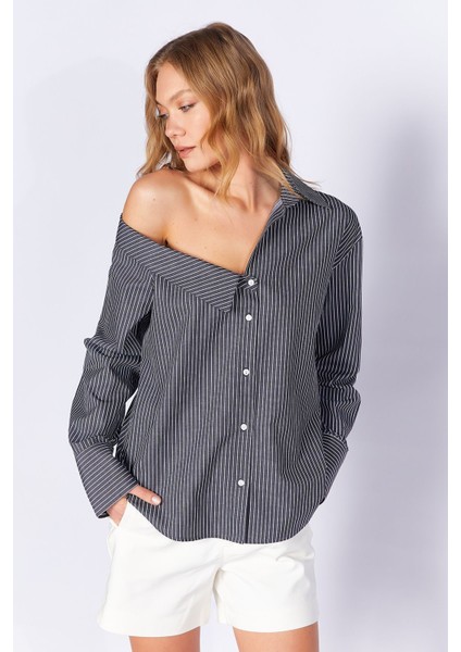 Siyah Asimetrik Uzun Kollu Çizgili Gömlek | MKS169141-01 modelleri