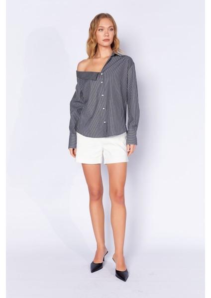 Siyah Asimetrik Uzun Kollu Çizgili Gömlek | MKS169141-01 fırsatları
