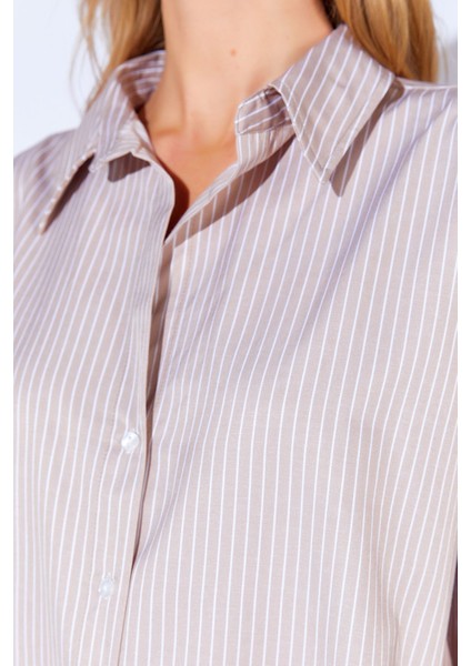 Bej Çizgili Kadın Gömlek fırsatları