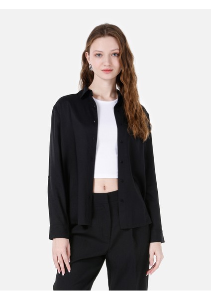 Regular Fit Shirt Neck Kadın Siyah Roll-up Gömlek Cl1066570