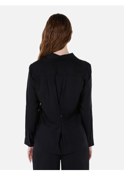 Regular Fit Shirt Neck Kadın Siyah Roll-up Gömlek Cl1066570