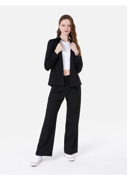 Regular Fit Shirt Neck Kadın Siyah Roll-up Gömlek Cl1066570