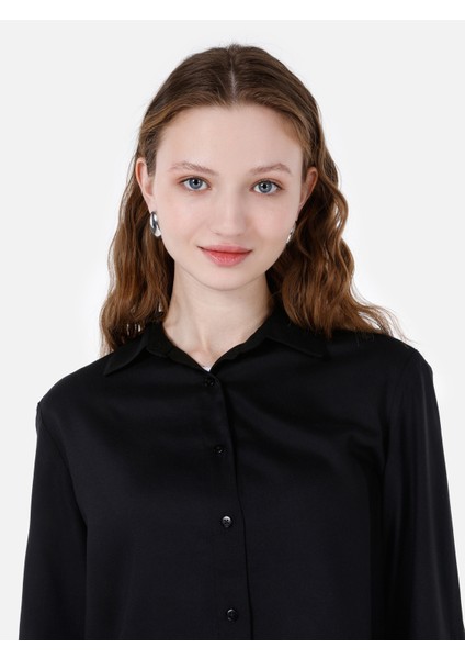 Regular Fit Shirt Neck Kadın Siyah Roll-up Gömlek Cl1066570