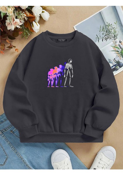 Oversize Bisiklet Yaka Basic Colorful Skeleton Baskılı Sweatshirt - Füme