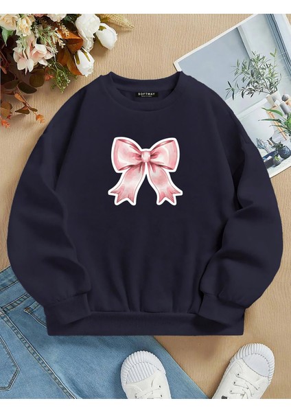 Oversize Bisiklet Yaka Basic Powder Pink Ribbom Baskılı Sweatshirt - Lacivert