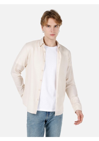 Slim Fit Shirt Neck Düz Erkek Bej Uzun Kol Gömlek Cl1066755