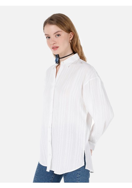 Regular Fit Shirt Neck Kadın Beyaz Uzun Kol Gömlek Cl1067333