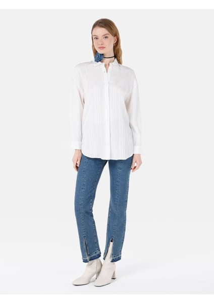 Regular Fit Shirt Neck Kadın Beyaz Uzun Kol Gömlek Cl1067333