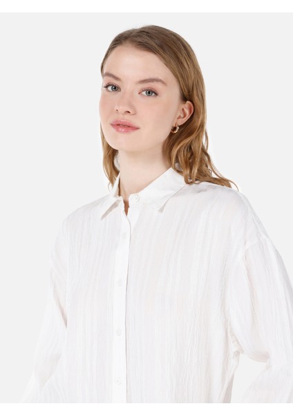 Regular Fit Shirt Neck Kadın Beyaz Uzun Kol Gömlek Cl1067333