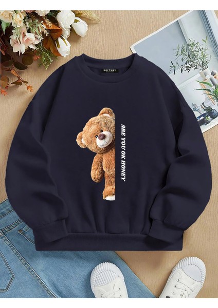 Oversize Bisiklet Yaka Basic Are You Ok Honey Baskılı Sweatshirt - Lacivert