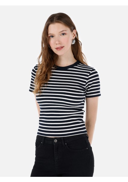 Slim Fit Yuvarlak Yaka Kadın Lacivert Kısa Kol Tişört Cl1068084