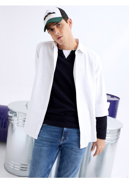 Regular Fit Shirt Neck Düz Erkek Beyaz Uzun Kol Gömlek Cl1066816