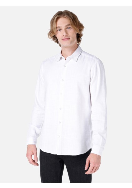 Regular Fit Shirt Neck Düz Erkek Beyaz Uzun Kol Gömlek Cl1066816
