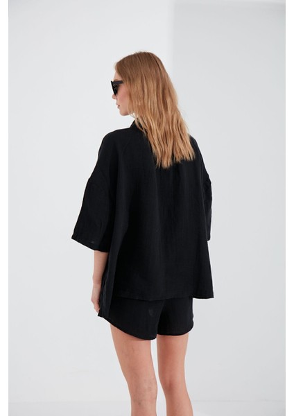 Müslin Kadın Oversize Gömlek | Siyah MKS166965-01