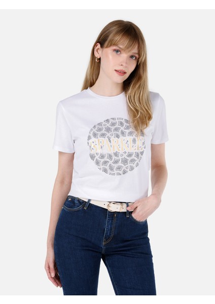Regular Fit Yuvarlak Yaka Kadın Beyaz Kısa Kol Tişört Cl1068726