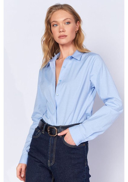 Mavi Likralı Pamuk Kadın Gömlek | MKS166847-01