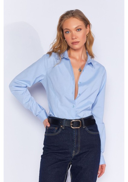 Mavi Likralı Pamuk Kadın Gömlek | MKS166847-01 fiyatları