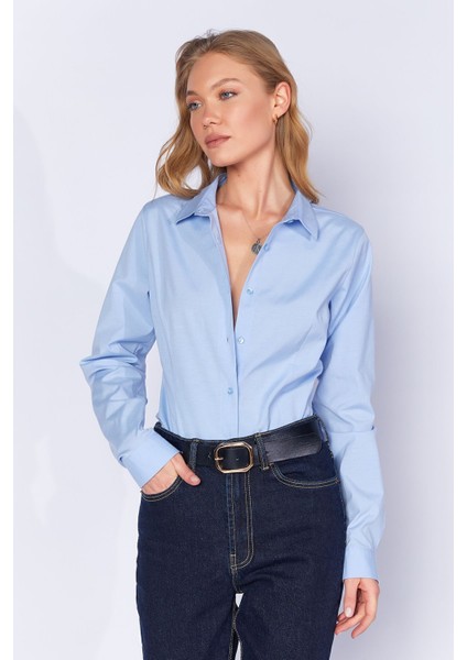 Mavi Likralı Pamuk Kadın Gömlek | MKS166847-01 fırsatları