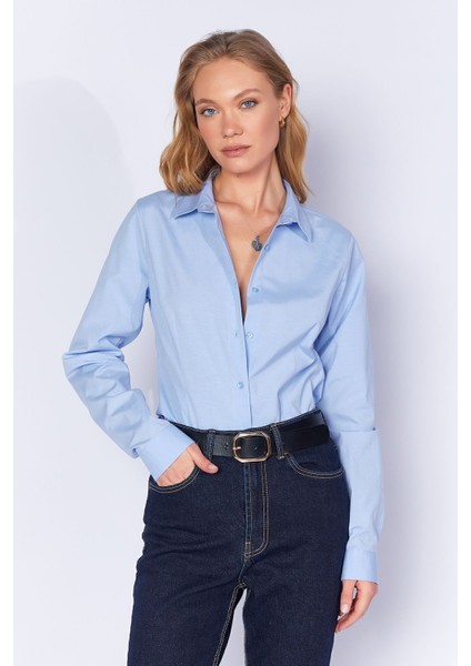 Mavi Likralı Pamuk Kadın Gömlek | MKS166847-01 indirimleri