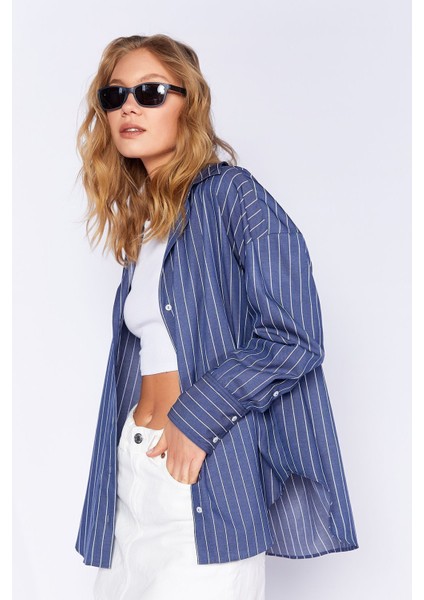 Lacivert Kadın Çizgili Gömlek | MKS167430-01