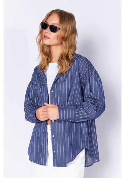 Lacivert Kadın Çizgili Gömlek | MKS167430-01 fiyatları