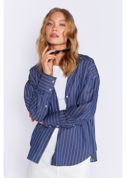 Lacivert Kadın Çizgili Gömlek | MKS167430-01 modelleri