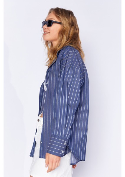 Lacivert Kadın Çizgili Gömlek | MKS167430-01 fırsatları