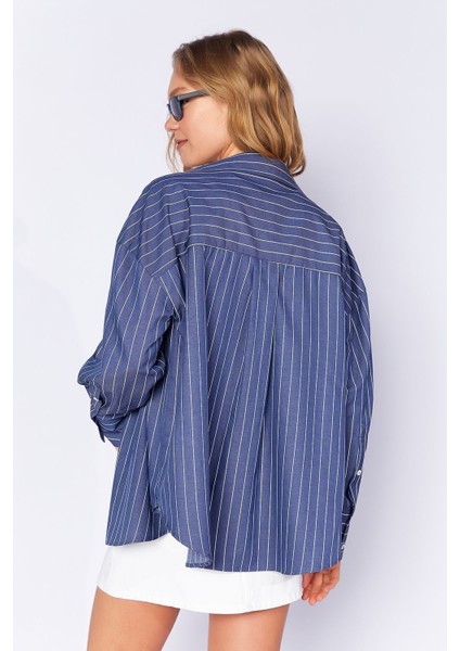 Lacivert Kadın Çizgili Gömlek | MKS167430-01 indirimleri