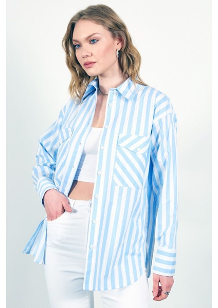 Kadın Çizgili Gömlek | Mavi MKS167177-01