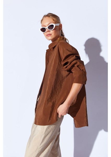 Kahve Soft Yumuşak Dokulu Modal Karışımlı Oversize Kadın Gömlek | MKS169503-01