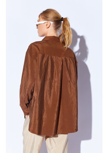 Kahve Soft Yumuşak Dokulu Modal Karışımlı Oversize Kadın Gömlek | MKS169503-01