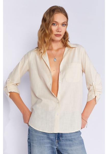 Taş Cepli Keten Efektli Kadın Gömlek | MKS163420-01