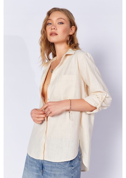 Taş Cepli Keten Efektli Kadın Gömlek | MKS163420-01 fiyatları