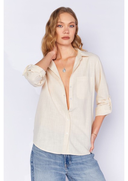 Taş Cepli Keten Efektli Kadın Gömlek | MKS163420-01 modelleri