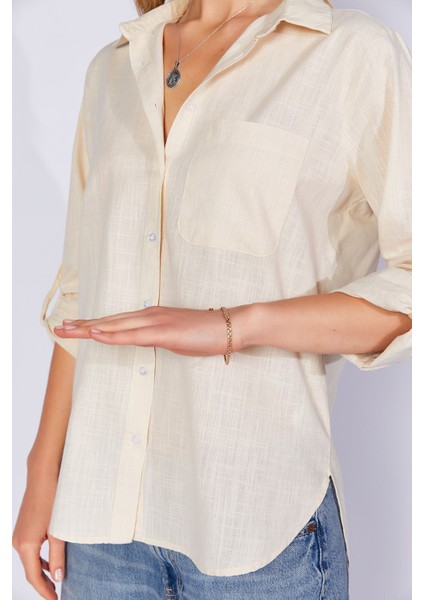 Taş Cepli Keten Efektli Kadın Gömlek | MKS163420-01 fırsatları