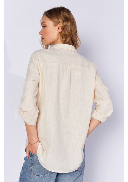 Taş Cepli Keten Efektli Kadın Gömlek | MKS163420-01 indirimleri