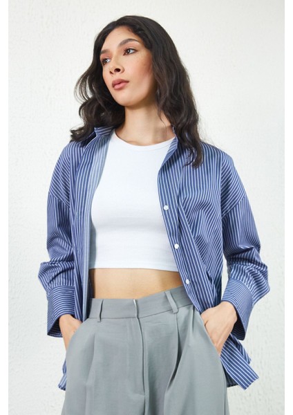 Çizgili Kadın Gömlek | Lacivert MKS167432-01 fiyatları