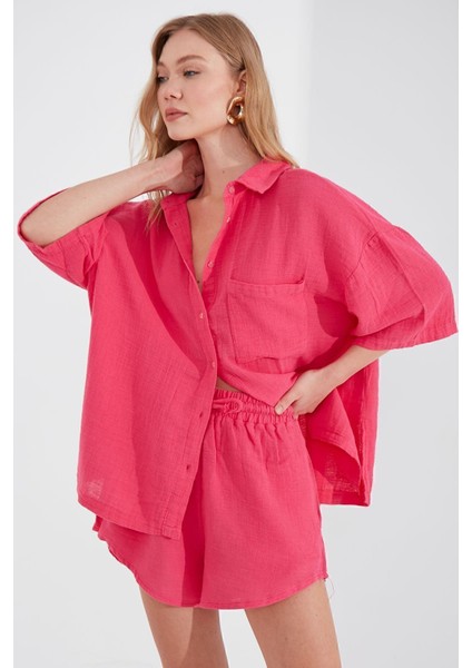 Müslin Kadın Oversize Gömlek | Fuşya MKS166965-01