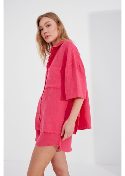 Müslin Kadın Oversize Gömlek | Fuşya MKS166965-01