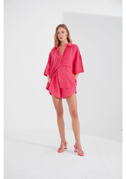 Müslin Kadın Oversize Gömlek | Fuşya MKS166965-01