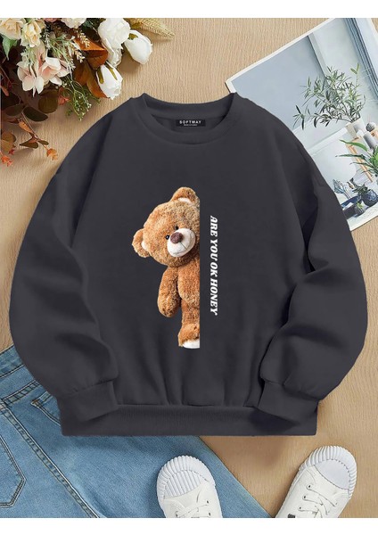 Oversize Bisiklet Yaka Basic Are You Ok Honey Baskılı Sweatshirt - Füme