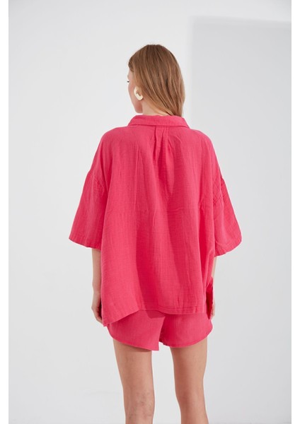 Müslin Kadın Oversize Gömlek | Fuşya MKS166965-01