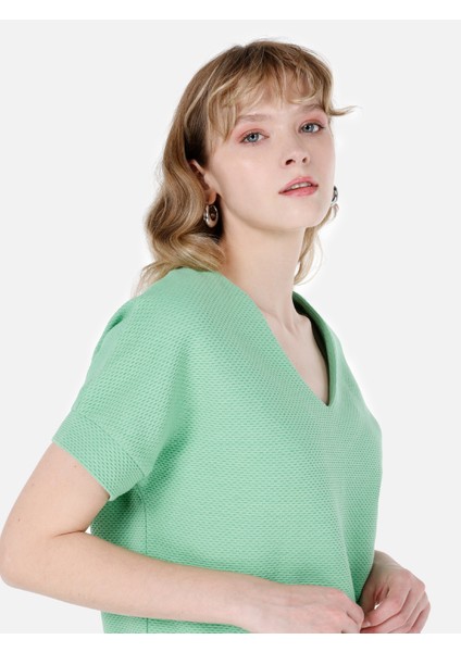 Regular Fit V Yaka Kadın Yeşil Kısa Kol Tişört Cl1067991