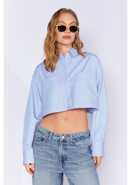 Mavi Bağlama Detaylı Çift Cepli Çizgili Gömlek | MKS169147-01