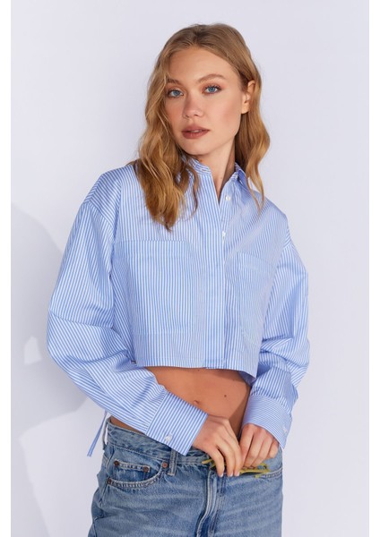 Mavi Bağlama Detaylı Çift Cepli Çizgili Gömlek | MKS169147-01 fiyatları