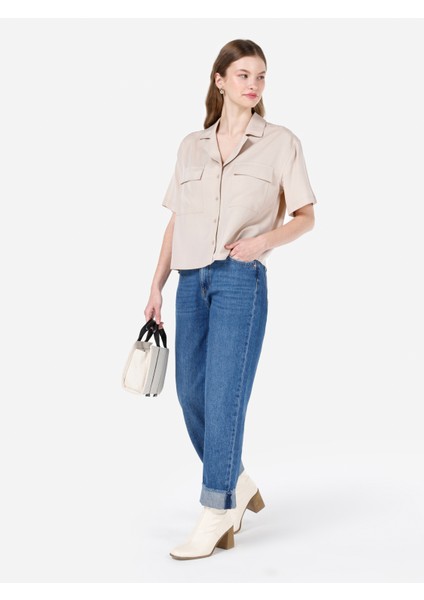 Regular Fit Shirt Neck Düz Kadın Bej Kısa Kol Gömlek Cl1068238 modelleri