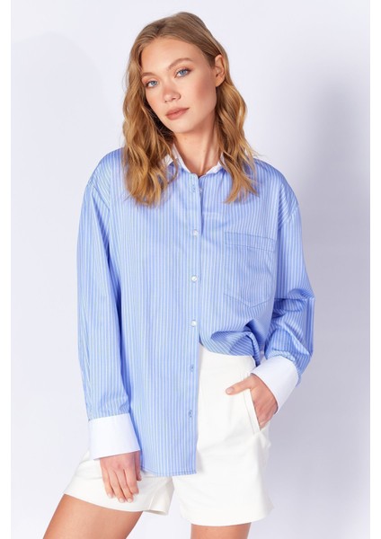 Mavi Yaka Manşet ve Sırt Detaylı Uzun Kollu Oversize Çizgili Gömlek | MKS169143-01 fiyatları