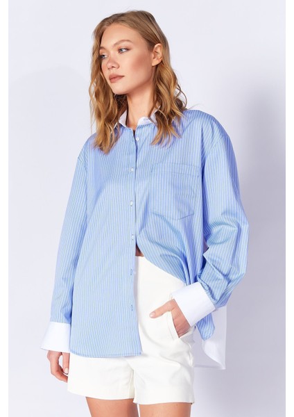 Mavi Yaka Manşet ve Sırt Detaylı Uzun Kollu Oversize Çizgili Gömlek | MKS169143-01 modelleri