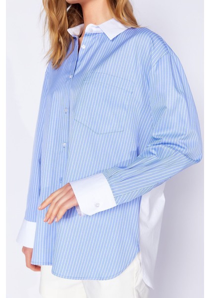 Mavi Yaka Manşet ve Sırt Detaylı Uzun Kollu Oversize Çizgili Gömlek | MKS169143-01 fırsatları