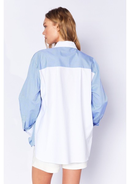 Mavi Yaka Manşet ve Sırt Detaylı Uzun Kollu Oversize Çizgili Gömlek | MKS169143-01 indirimleri
